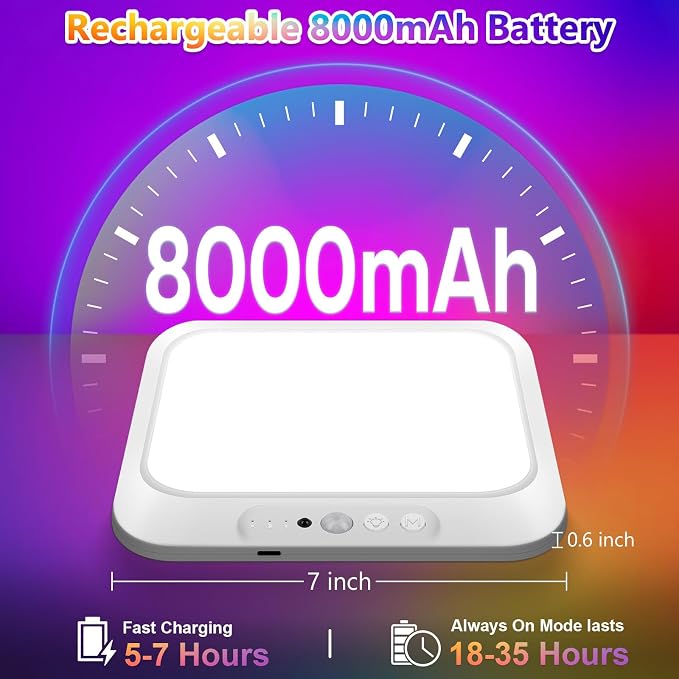 Rechargeable Motion Sensor Ceiling Light, Battery Closet Light 12 RGB Color | 8000mAh Wireless Battery Powered Shower Light Magnetic Mount, LED Cordless Stick On Overhead Ceiling Light for Pantry Hallway