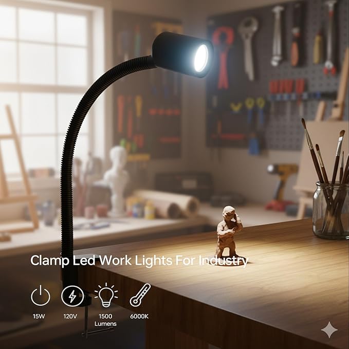 LED Clamp Work Light, 1500lumens 20in Flexible Gooseneck Work Lamp with C-Clamp for Lathe Machines, Workbenches. 15W，Yuan 915