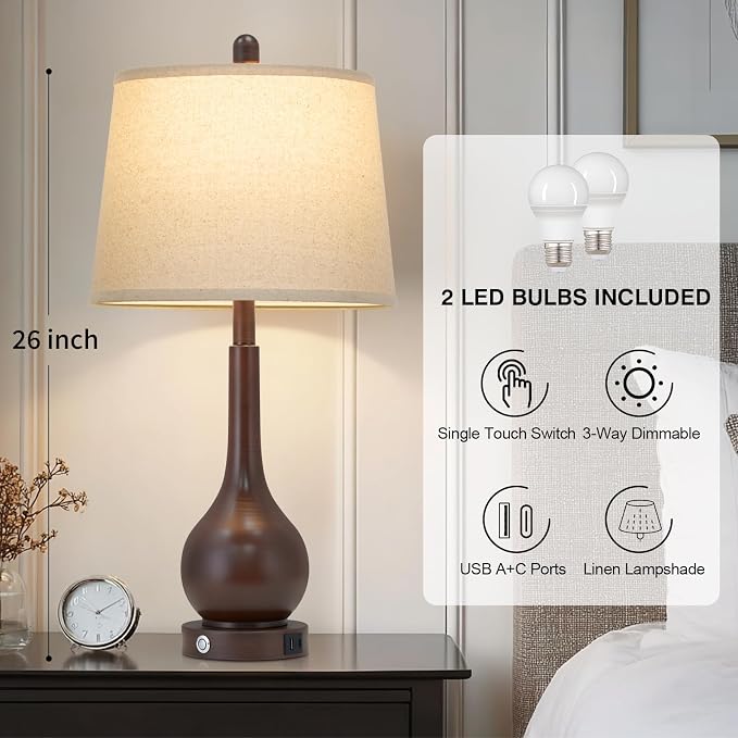 26" Brown Table Lamps Set of 2, Touch Control Bedside Lamps for Bedroom Nightstand, 3-Way Dimmable Farmhouse Lamp for Living Room with Charging Port (2 LED Bulbs Included)