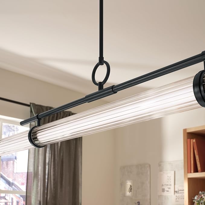 Kichler Riven LED 1-Light Linear Chandelier with Clear Fluted Glass in Black, Sloped Ceiling Compatible, for Kitchen or Dining Room (9.5" x 8" x 60.25"), 52754BKLED