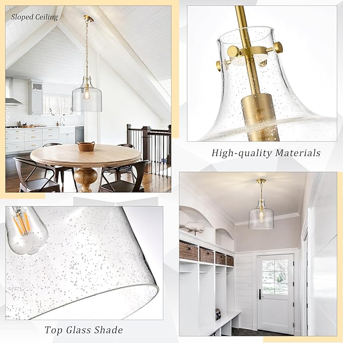 12" Gold Glass Pendant Light, Seeded Bubble Shade Modern Farmhouse Hanging Light for Kitchen Island, Dining Room, E26 Dimmable Ceiling Fixture