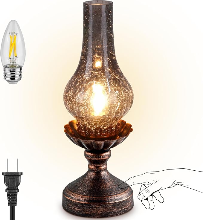 Vintage Table Lamp with Smoke Grey Crackle Glass Shade,Touch Control & 3-Way Dimmable Rustic Retro Farmhouse Bedside Lamp for Bedroom, Living Room, Cabin, Office (2700K LED Candle Bulb Included)