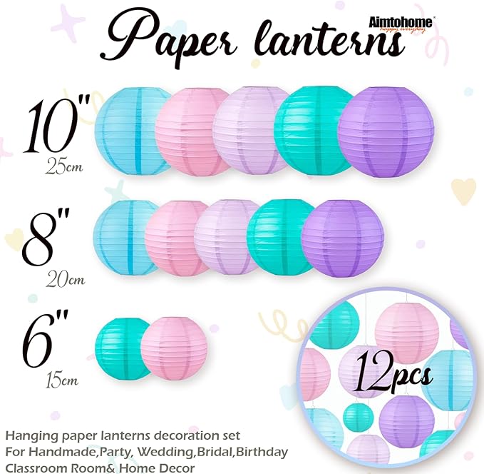 Pastel Paper Lanterns Set (12 Pcs) - 6/8/10 Inch Nilan, Pink, Purple, Lavender & Blue Round Hanging Paper Lanterns for Party Decor, Baby Showers, Weddings & Bedroom Accents