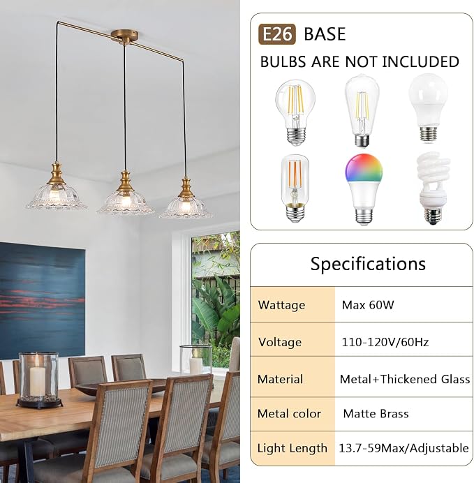HDDFL Vintage 3 Light Pendant Light Fixtures Modern Glass Hanging Lights with Adjustable Cord for Kitchen Island Dining Room Living Room Hallway