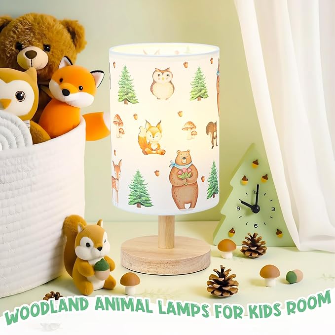 Woodland Animals Table Lamp - Woodland Kids Bedside Lamp with Linen Wooden Nightstand Cartoon Nursery Lampshade for Kids Room Decor