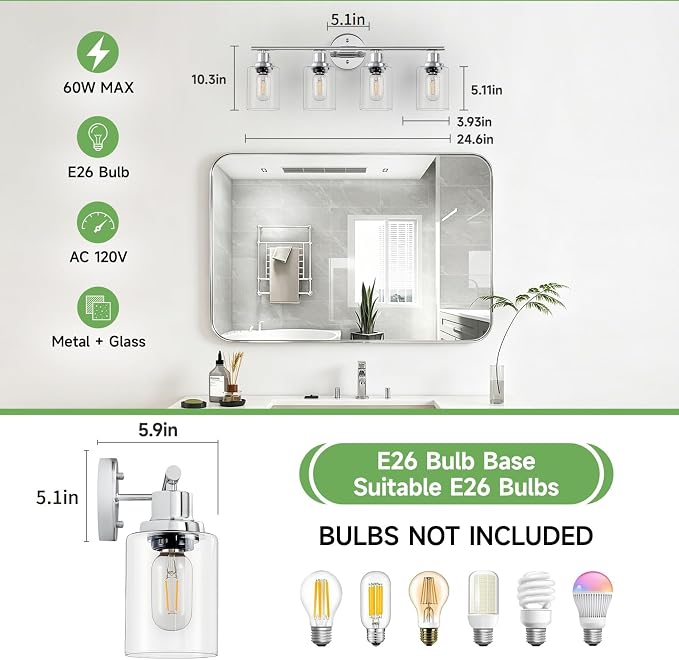 4-Light Bathroom Light Fixtures, Modern Chrome Vanity Lights for Bathroom with Clear Glass Shade, Wall Lamps for Mirror Hallway Kitchen Cabinet Living Room Sconces Lights