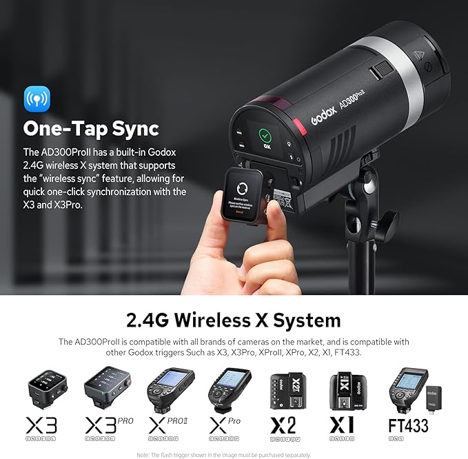 GODOX AD300Pro II AD300 Pro II Outdoor Flash Strobe, 2.4G 300Ws TTL HSS 1/8000s Portable Flash Monolight, 350 Full Power Flashes, 12W Bi-Color Modeling Lamp, 1/512-1/1 Power Adjust, HD Color Screen