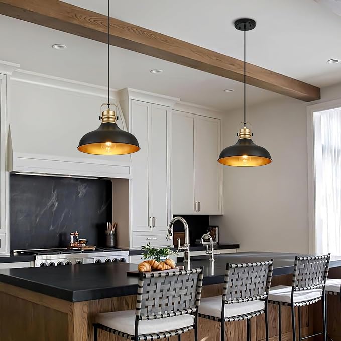 Black and Gold Pendant Lights Kitchen Island Fixtures | ETL Certificate,Industrial Adjustable Height Vintage Dome Hanging Light Fixtures for Barn,Dining Room 2 Pack