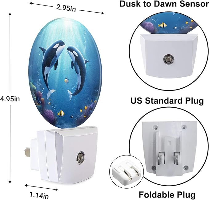 Whale Night Light Undersea Killer Whales Blue Ocean Sea Coastal LED Dusk to Dawn Plug-in Nightlight Auto Sensor for Bedroom Bathroom Hallway Living Room