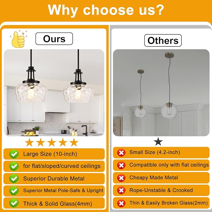 Modern Pendant Lights Kitchen Island, Matte Black Pendant Light Fixtures with 10" Clear Hammered Glass Shade, Industrial Hanging Pendant Lights Fixture for Kitchen Island Dining Room Bedroom Entryway