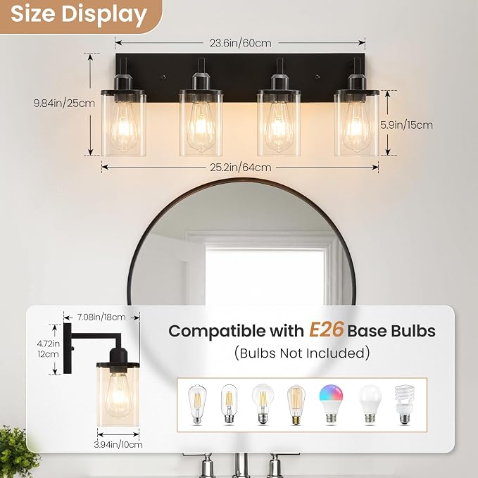 4-Light Bathroom Light Fixtures, Black Bathroom Lighting Fixtures Over Mirror with Clear Glass Square Shade, Modern Vanity Lights for Bathroom, Living Room, Hallway, Cabinet