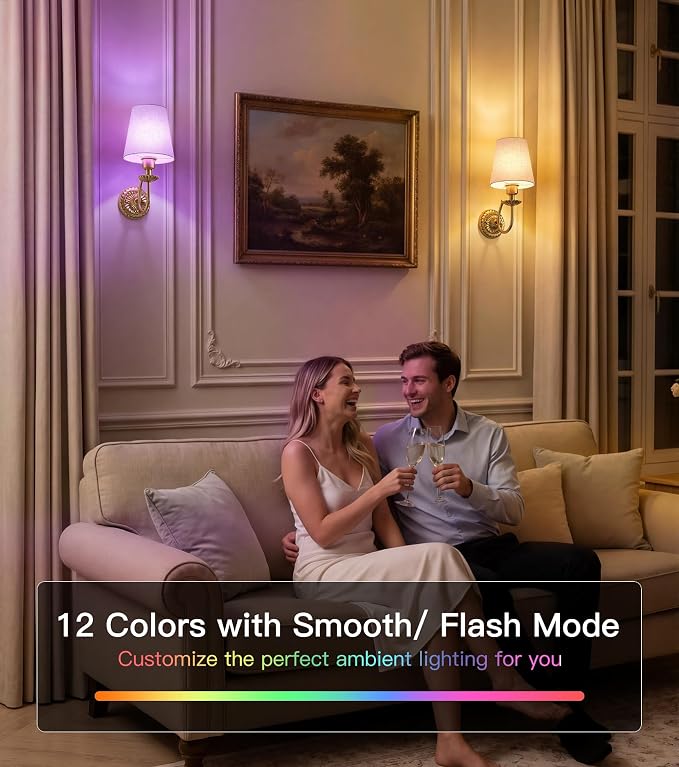 Wireless Wall Sconces Set of Two 14"H, 5300mAh Battery Operated Wall Sconce, Rechargeable Bulbs with Remote, 15 Colors Dimmable Wall Sconces with Fabric Shade for Bedroom Living Room(Brushed Gold)