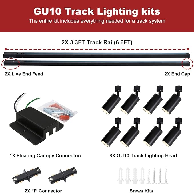 8-Light LED Track Lighting Kit with 6.6FT H Type Track Lighting Rails and Floating Canopy Connector, Modern Kitchen GU10 Track Lighting Fixtures Ceiling Spot Light, Black (No Bulbs)