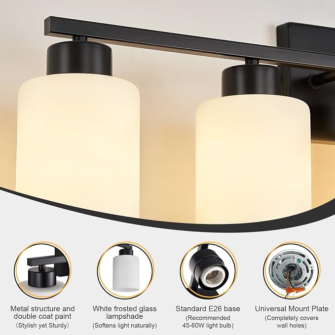 FonmYim Black Bathroom Light Fixtures Vanity Lights Over Mirror | Modern 6-Light lighting fixtures for bathroom with Milky White Frosted Glass Shades, E26 Socket (Bulbs Not Included)