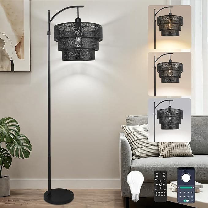 AHDWDW Arc Floor Lamp for Living Room Bedroom,Mid-Century Modern Floor Lamps with Remote,Black Dimmable Standing Tall Lamp for Corner Office,3-Tier Drum Metal Lampshade with Forest Tree Design