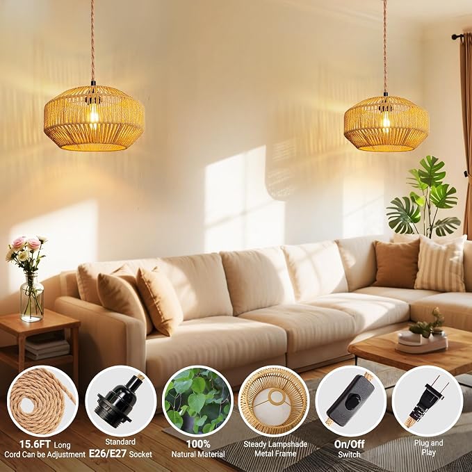 Hanging Light Ceiling Lamp Pendant Lights Rattan Hanging Lamp with Plug in Cord for Living Room Bedroom Kitchen Indoor Hanging Lamp Plug in Woven Lampshade