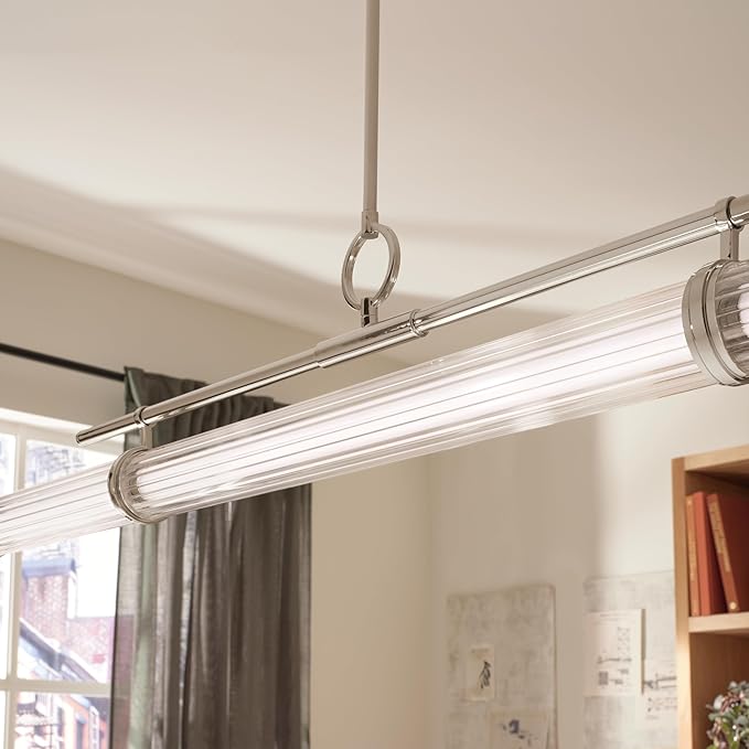 Kichler Riven LED 1-Light Linear Chandelier with Clear Fluted Glass in Polished Nickel, Sloped Ceiling Compatible, for Kitchen or Dining Room (9.5" x 8" x 60.25"),