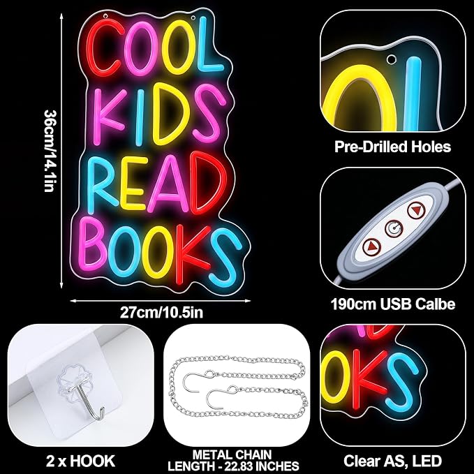 Thyle 10 Pcs Classroom Reading Corner Decorations Set Cool Kids Read Books | Neon Lights and 9 Pcs Artificial Grass Wall Panels Backdrop Decor for Back to School Library Teen Girls Bedroom
