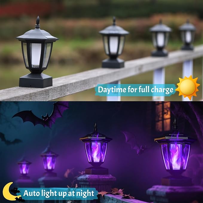 Dynaming Solar Flame Post Cap Lights Outdoor, Halloween Flickering Purple Flame Post Lights, Solar Powered LED Lantern Waterproof for Garden Deck Fence Patio, Fit 4x4, 5x5 or 6x6 Wooden Posts, 6 Pack