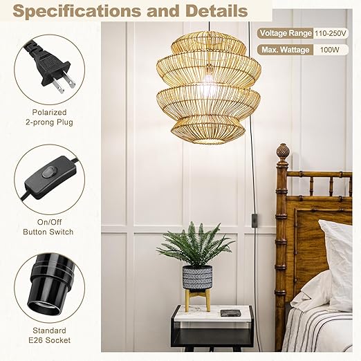 DiCUNO Hanging Lantern Extension Cord Cable, E26 Pendant Light Socket On Off Inline Cord Switch Control Lamp, Switch Close to Polarized Plug, 20 Feet (6M), Black, 4-Pack