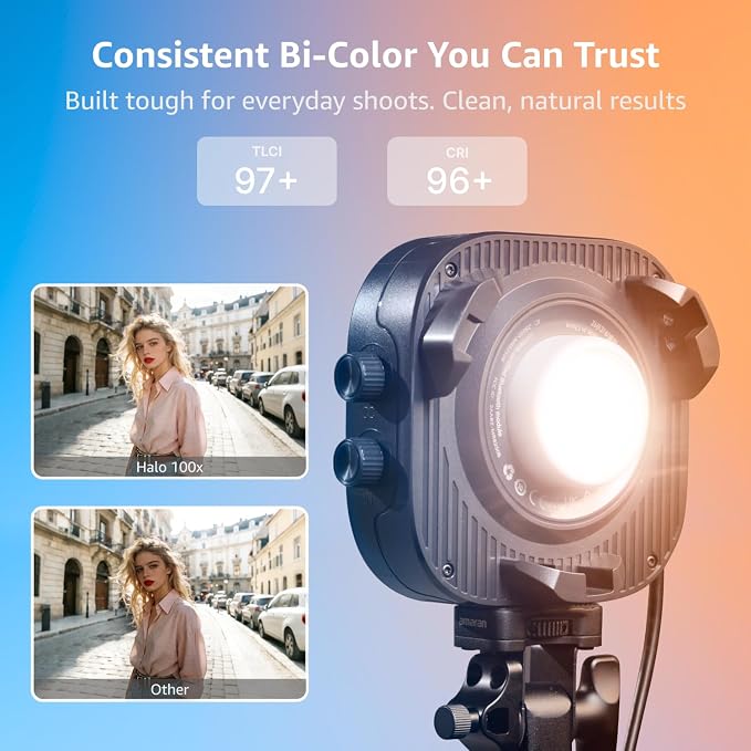amaran Halo 100x Portable Video Light,100W Bi-Color COB Light | CRI 96+, TLCI 97+ APP Control 2,700K-6,500K Bowens Mount LED Studio Lighting for YouTube Vlog Recording Photography Light