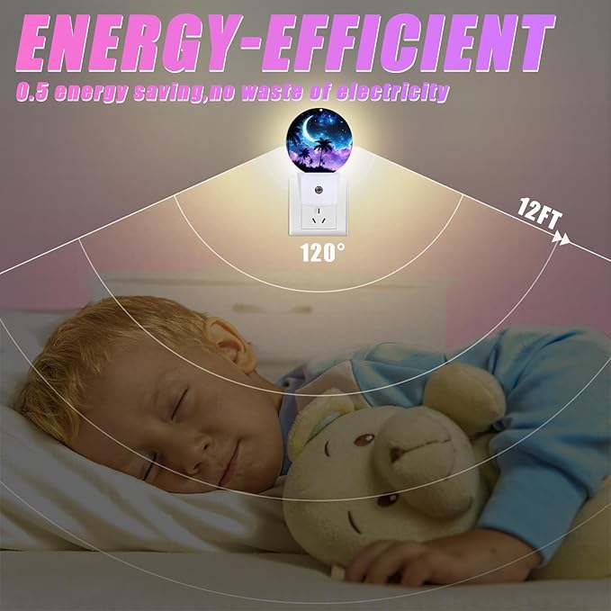 Palm Tree Night Light Purple Blue Night Moon Night Lights LED Lamp Round Plug into Wall Nightlight with Dusk to Dawn Sensor Home Hallway Stairway Kitchen Decor