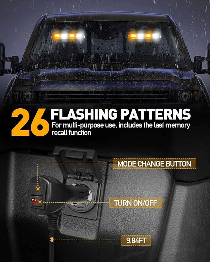 HLauto 2002L Emergency Dash Strobe Lights: Amber White Safety Lights, Flashing Warning Hazard Windshield Visor Traffic Light Bars for Trucks, Construction Vehicles (2x8.5 inch, 48LED)