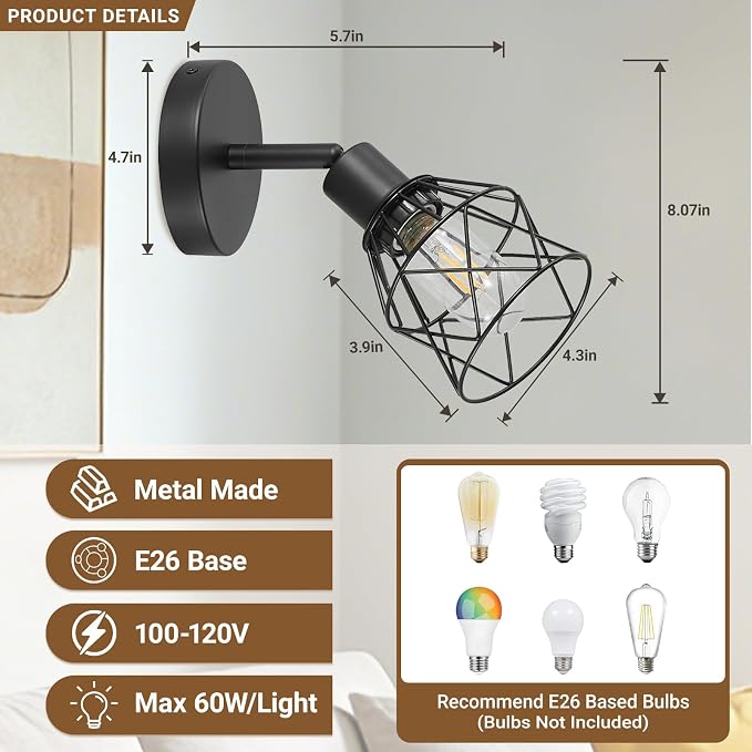 LOUSACE Black Track Lighting Fixture, 1-Light Adjustable Spot Light Fixture with Metal Wire Cage for Ceiling Bedroom Bedside Hallway, E26 Base