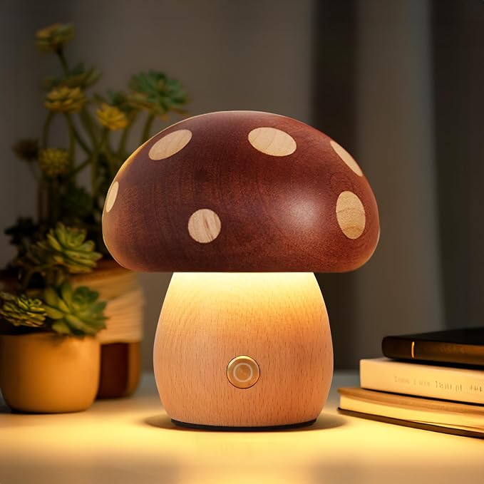 YIEONSHION LED Wood Mushroom Table Lamp, Rechargeable Cordless Touch Bedside Lamps, Wireless Stepless Dimming Night Light, Portable Battery Lamp for Bedroom Nightstand for Birthday Gifts (XMG-Small)