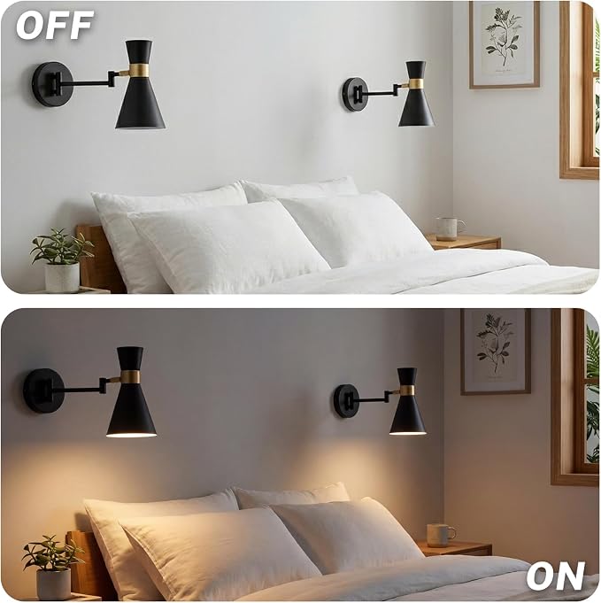 OSYNNIQ Wall Sconce Light with Adjustable Swing Arm for Bedside Reading | Wall Lamp, Modern, Industrial, Lighting Fixture, Black, Hardwired, for Bedroom/Living Room/Indoor, LED E26 Bulb Included