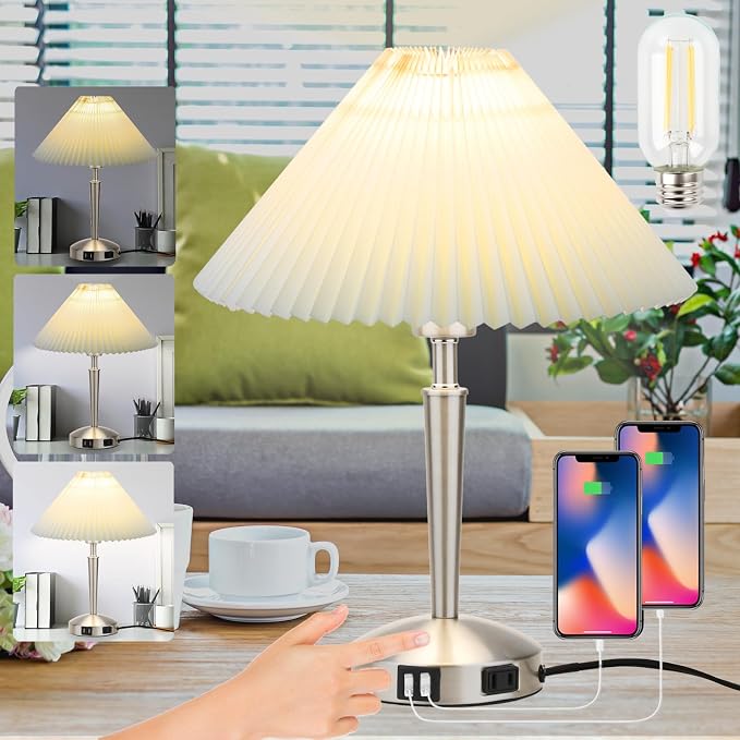 Touch Bedside Table Lamp - Modern Small Lamp for Bedroom Living Room Nightstand, Desk lamp with Fabric Lamp Shade, Warm LED Bulb, 3 Way Dimmable, Simple Design Mother's Day Gifts (Silver)