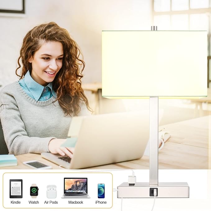 21" Touch Bedside lamps with 2 USB & AC Outlets, 3-Way Dimmable Bedside Table Lamps Set of 2 for Bedroom Living Room Office Reading, White Shade Lamps for Night Stands, 3000K LED Bulbs Included