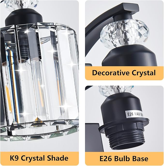 5-Light Black Bathroom Light Fixture Modern Vanity Lights Over Mirror Vintage Wall Sconce Lighting for Bathroom, Bedroom, Living Room, Hallway E26 Base with Crystal Bathroom Vanity Light