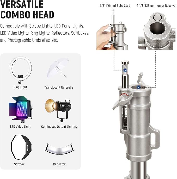 NEEWER Heavy Duty Stainless Steel Light Stand with Casters, 1-1/8" Junior Receiver, Spring Loaded 5/8" Baby Stud, Max Load 77lb, 7.9ft/240cm Junior Wheeled Stand for Studio Softbox Reflector, ST240SS