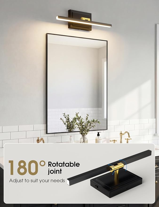 VOLISUN Modern Bathroom Vanity Light 15.7 inch, Rotatable, 12W Dimmable 5CCT Led Bathroom Light Fixture Over Mirror, Black Gold Bar Vanity Light for Bathroom Mirror Restroom-ETL Certificated