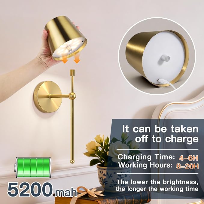 TaoFiaCo Battery Operated Wall Sconces Set of 2,Wireless Wall Sconce Gold | 5200mAh Rechargeable, Remote, Timer, Dimmable, Cordless Wall Light for Bedroom Living Room, Hallway, Light Decor