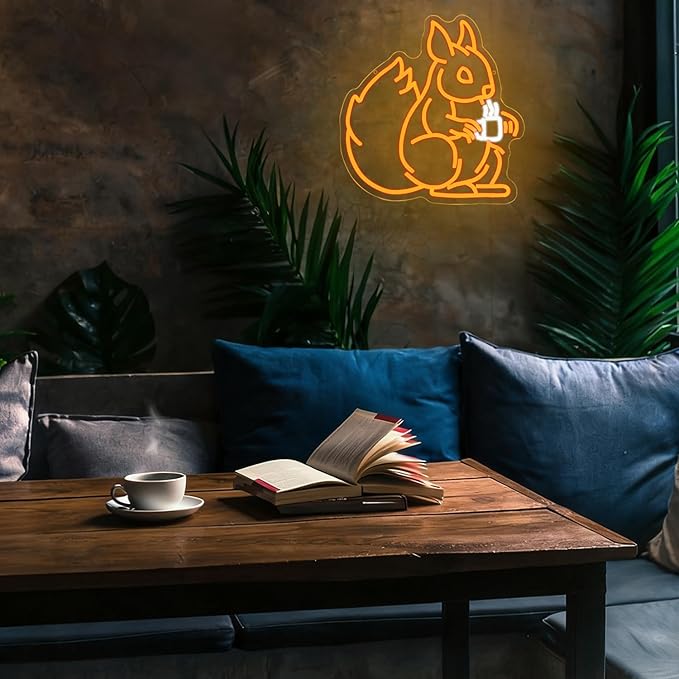 Squirrel Drinking Coffee Neon Sign Squirrel Led Sign Coffee Shop Neon Bar Sign Animal Light Sign Dimmable LED Neon Light for Bar Gaming Room Business Shop Decoration