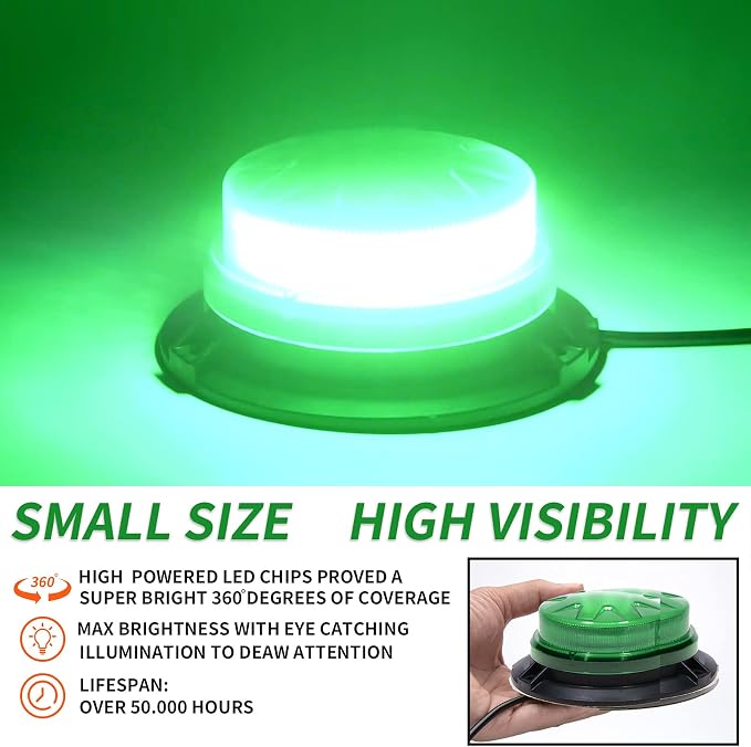 Green Led Emergency Strobe Beacon Lights for Car Vehicles 12V 24V 24-LEDs | Magnetic Mount, 8 Flash Model, Warning Safety Flashing, Rooftop Signal Lamp for Forklife Construction Truck Tractor Golf SUV
