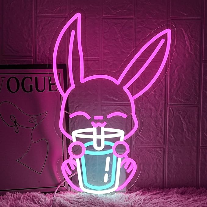 Rabbit Drinking Milk Tea Neon Sign Easter Rabbit Neon Sign for Wall Decor Dimmable Led Pink Bunny Neon Lights USB Power Animal LED Sign for Home Decor for Bedroom Restaurant Easter Gifts