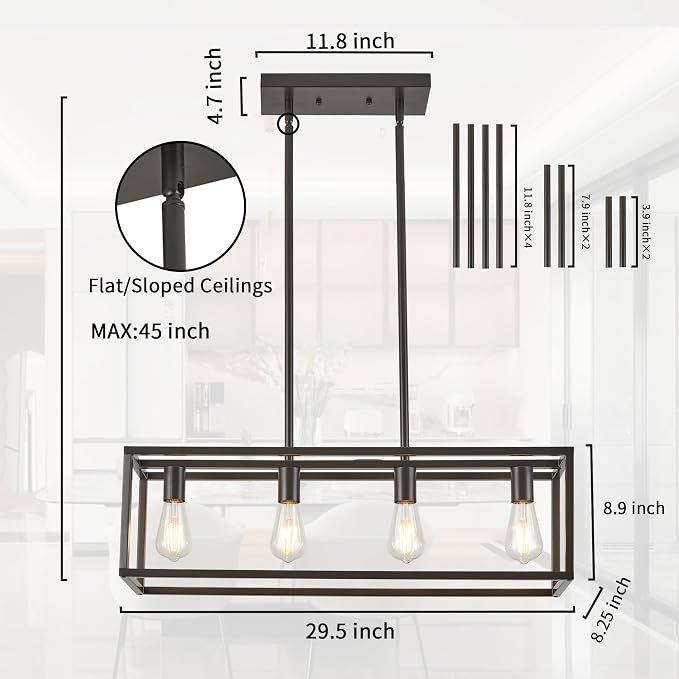 Farmhouse Rectangle Chandeliers for Dining Rooms, Modern Linear Hanging Light Fixture Matte Oil-Rubbed Bronze 4-Light Industrial Pendant Lighting for Kitchen Island