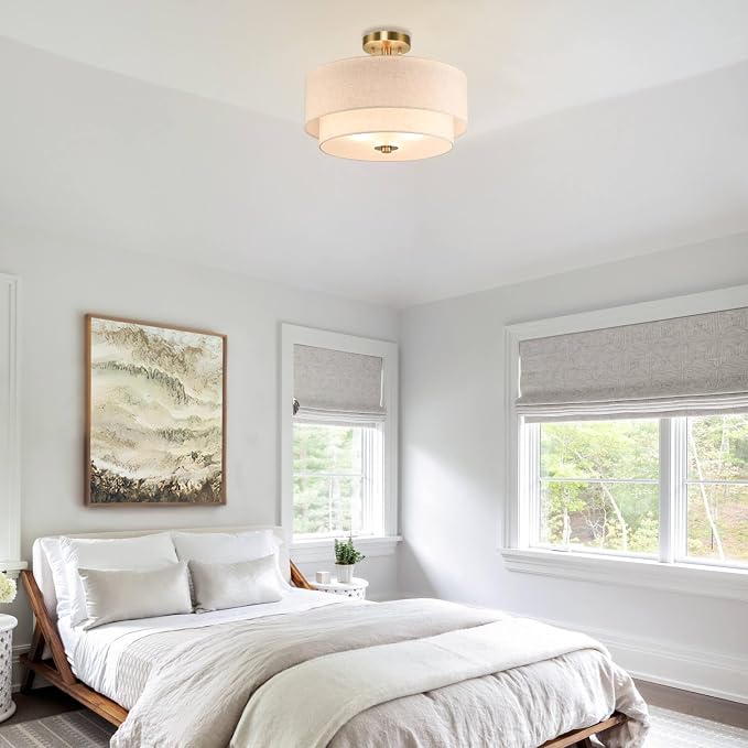 XiNBEi Lighting 16" Semi Flush Mount Ceiling Light for Bedroom, Brass | 3-Light Double Drum Light Fixture, Linen Fabric Shade, Close to Ceiling Lamp, For Living Room Kitchen Entryway Hallway Foyer