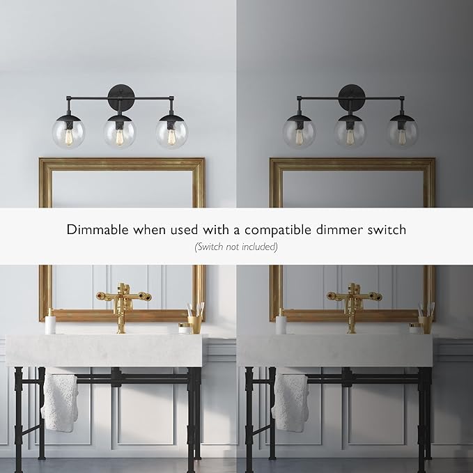 Design House Gracelyn 3-Light Dimmable Bathroom Vanity Light, Seeded Glass, Matte Black, 24.03 in W x 8 in D x 11.65 in H, 588889-BLK