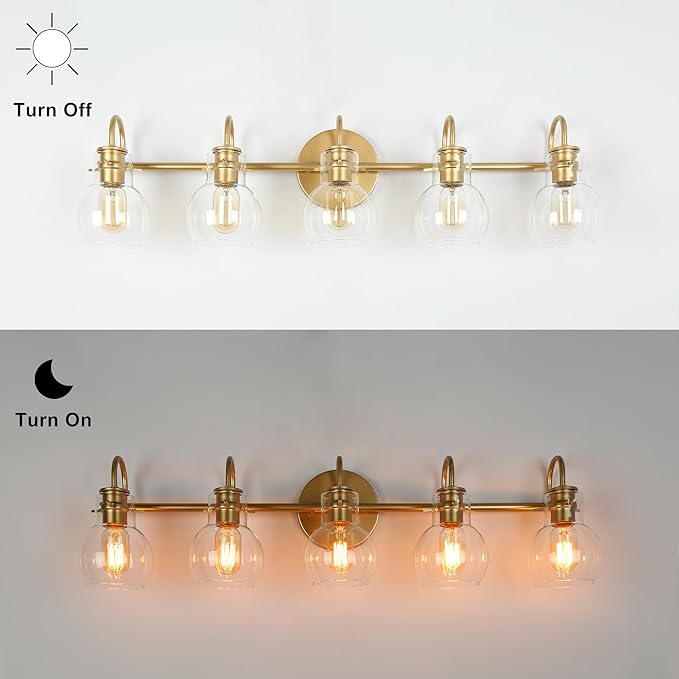 KSANA Bathroom Vanity Light, 5-Light Large Gold Wall Light Fixtures, Modern Vanity Lights Over Mirror with Globe Clear Glass Shades