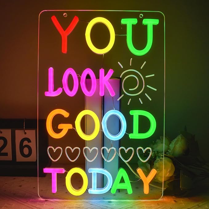 You Look Good Today Neon Sign for Wall Decor, Colorful Led Neon Light for Bathroom Bedroom Decor, Dimmable Mood Lighting for Office Cloakroom Party Kids Room Bar, 5V USB