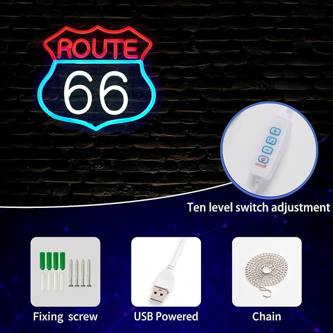 Route 66 Neon Sign, LED Light Room Decor for Bedroom Living Room Gaming Room Man Cave Home Party Birthday for Family Friends Kids