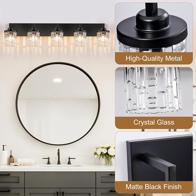 maesta Black Bathroom Light Fixture,5 Light Modern Vanity Light Over Mirror | Modern Vanity Light, Black Metal & Crystal Glass Fixture, Anti-Rust, Easy to Install for Bathroom Hallway Bedroom Entryway
