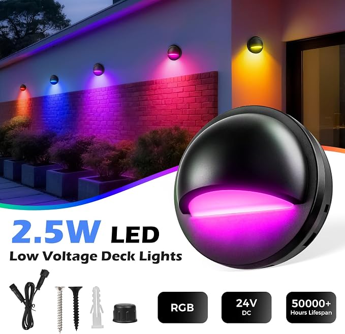 RGB Low Voltage LED Deck Lights Kit with Transformer Timer and Photocell Sensor, IP67 Waterproof Low Voltage Landscape Lighting, Step Lights for Outdoor Walkway Stair Post Railing (6 Pack)
