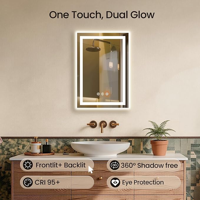 20x28 LED Bathroom Mirror with Anti-Fog, Backlit & Front Lit, Memory | Stepless Dimmable 3 Color CRI 95+ Shatterproof Tempered Glass ETL Listed for Safety Lighted Bathroom Vanity Mirror for Wall