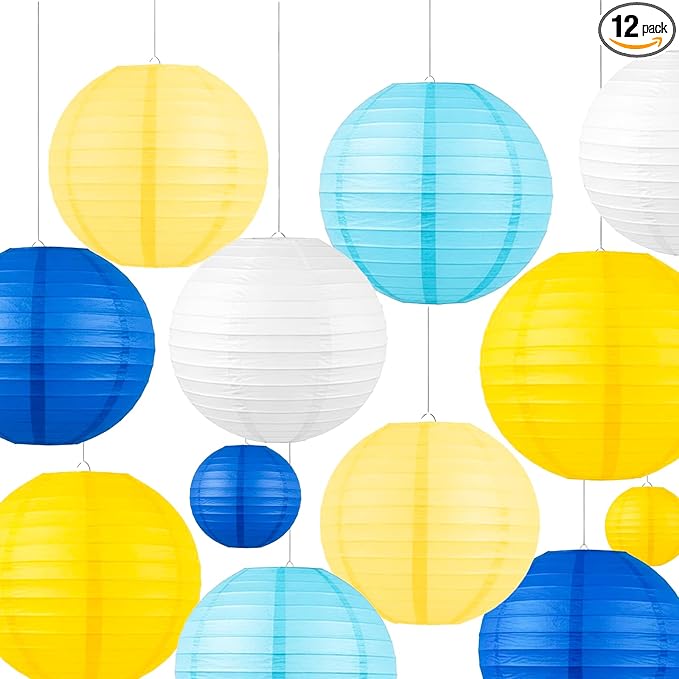 Bright Paper Lanterns Set (12 Pcs) - 6/8/10 Inch Navy, Yellow, Lemon Yellow, Light Blue & White Hanging Paper Lanterns for Ramadan, Cartoon Parties, Birthday,Sport,Weddings & Home Decor