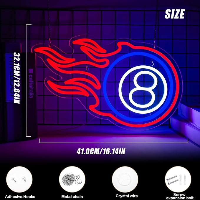 Billiard Neon Sign 8 Ball Sign Dimmable LED Pool Room Wall Decor | USB Powered LED Flame Pool Sign for Game Room Bar Man Cave Club Basement Party Pool Player Decor Billiard Lover Lounge Decor